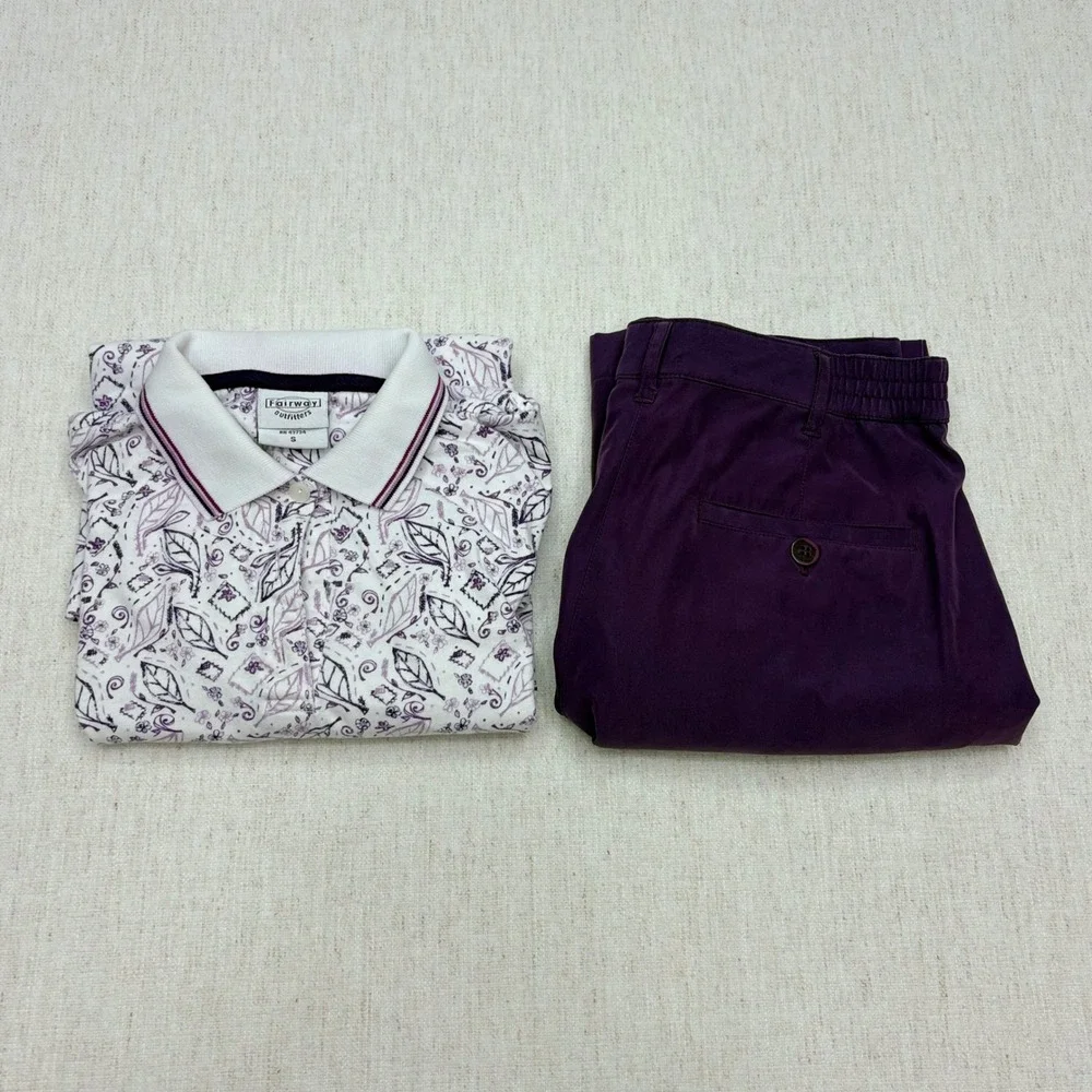 Fairway Outfitters Purple Leaf Print Polo Shirt and Pleated Shorts Golf Set 6 M